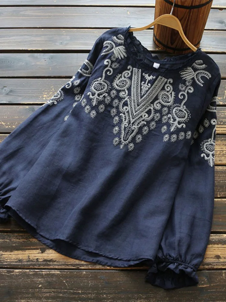 

Casual Cotton Linen irt Women's Spring Ethnic Sle Embroidery Wood ain Long Sve T-irt Top Loose Fit round Ne