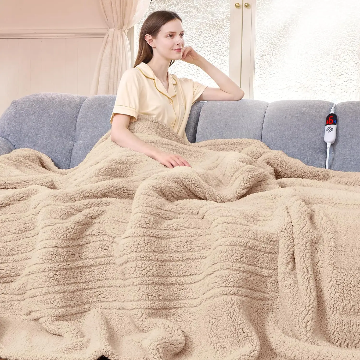 

Full Size Heated Blanket 72"X84" Beige - Soft Double Sided Sherpa with LED Display, 6 Heat Levels & Timer, Machine Washable