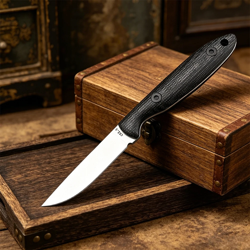 Outdoor D2 Steel Fixed Blade Knife, Linen Non-slip Handle, Multifunctional EDC Cutting Tool for Camping Hiking Hunting Fishing