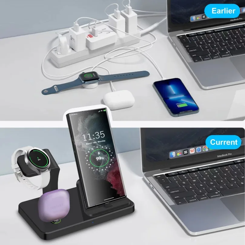 Desk 3in1 Wireless Charger Station Type C Port Fast Charging Dock Compatible with Samsung Galaxy Phone Watch Earbuds