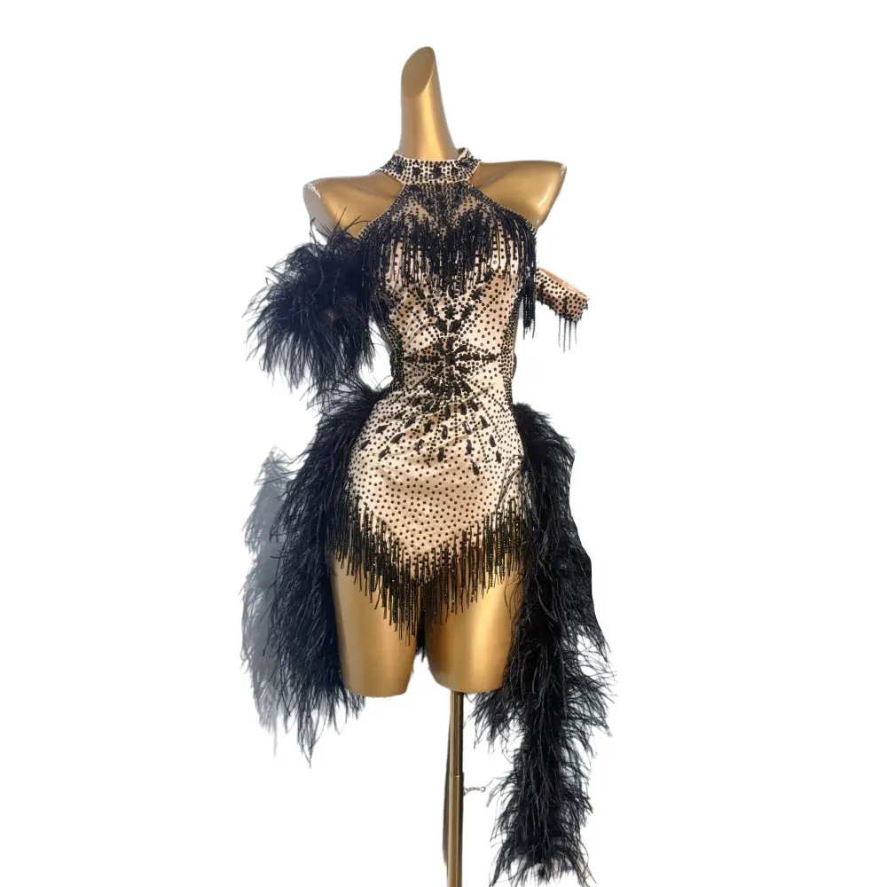 라틴 댄스 성인 및 아동복, 라인 석 하이 엔드 맞춤형 레오파드 프린트 플러시 탱고 여성 전문 의류