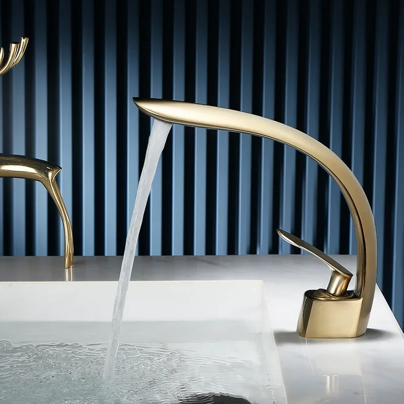 Basin Faucet Grey/Black Bathroom Mixer Tap Brushed Gold  Wash basin Faucet Single Handle Hot and Cold Waterfall Faucet