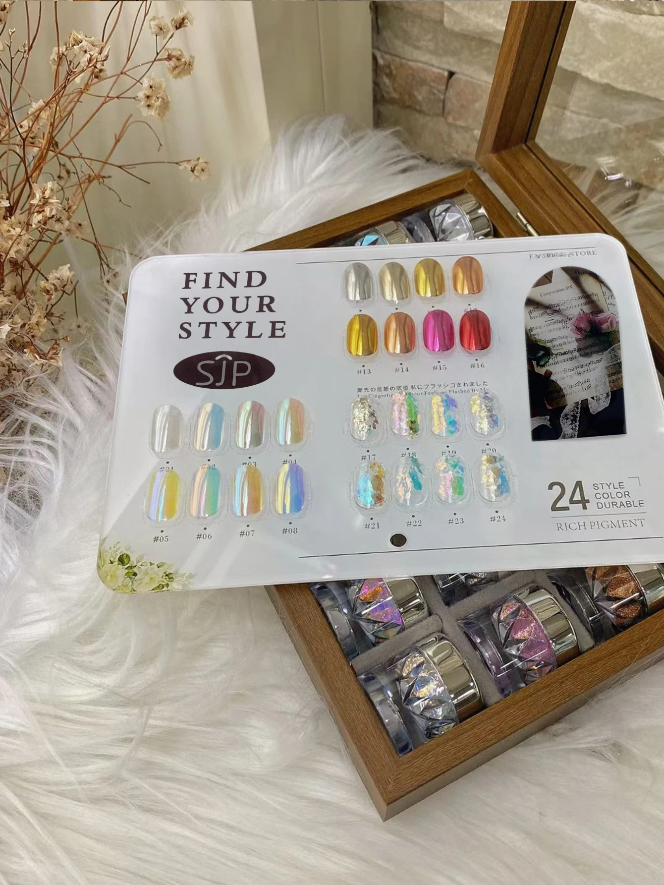 مسحوق مرآة سحرية ممتازة لضوء القمر 1/24 لونًا، مسحوق أوبال، مجموعة مسحوق مرآة سحرية مع حوامل ألوان وصندوق تخزين #6