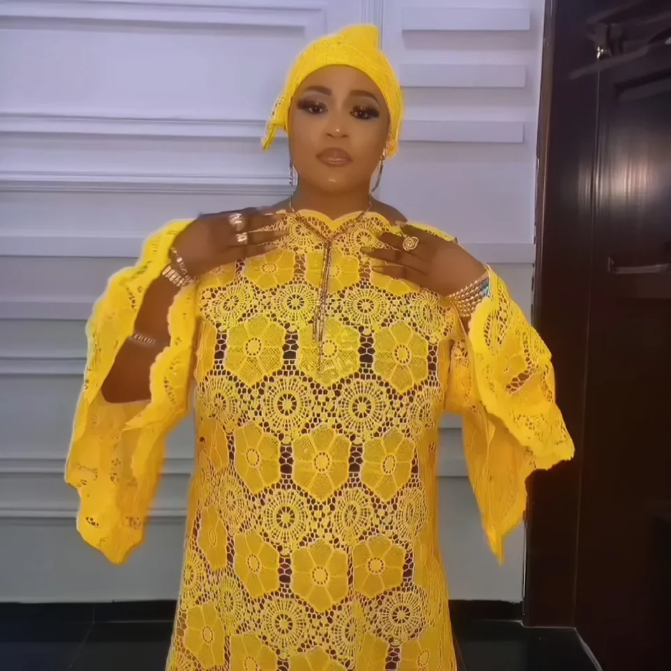 yellow african lace dress Round Neck Yellow Nigerian Lace Bubu with Matching Scarf, Cord Lace Kaftan, Minimalist Church Wedding Dress for Women, African Party Gown