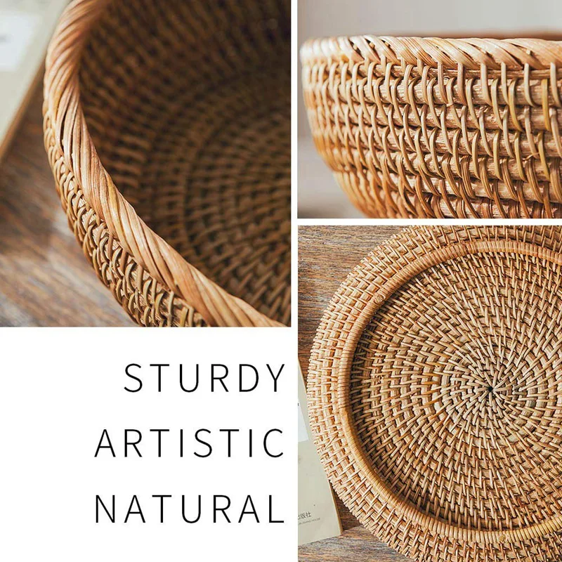 Natural Rattan Round Fruit Basket Wicker Tabletop Bread Serving Tray Weaving Food Storage Bowls(Large, 1Pcs)