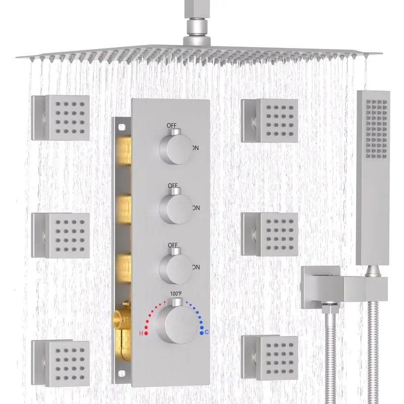 Brushed Nickel 16inch Thermostatic Rain Shower System Massage Spray Jets Wall Mount Shower Faucet Set Ceramic for Hotel Use