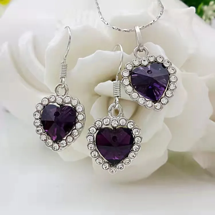 18K platinum plated fashion casual crystal Jewelry Girl Bride Wedding Heart of the Ocean Necklace Earrings Jewelry Set