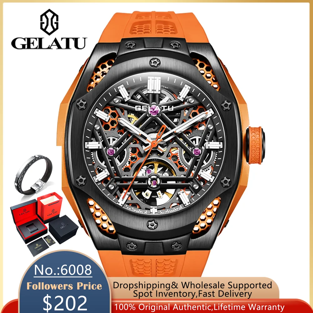 

GELATU 6008 Men's Watch Silicone Strap Skeleton Automatic Mechanical Men's Watches Hollow Out Waterproof Luxury Sport Wristwatch