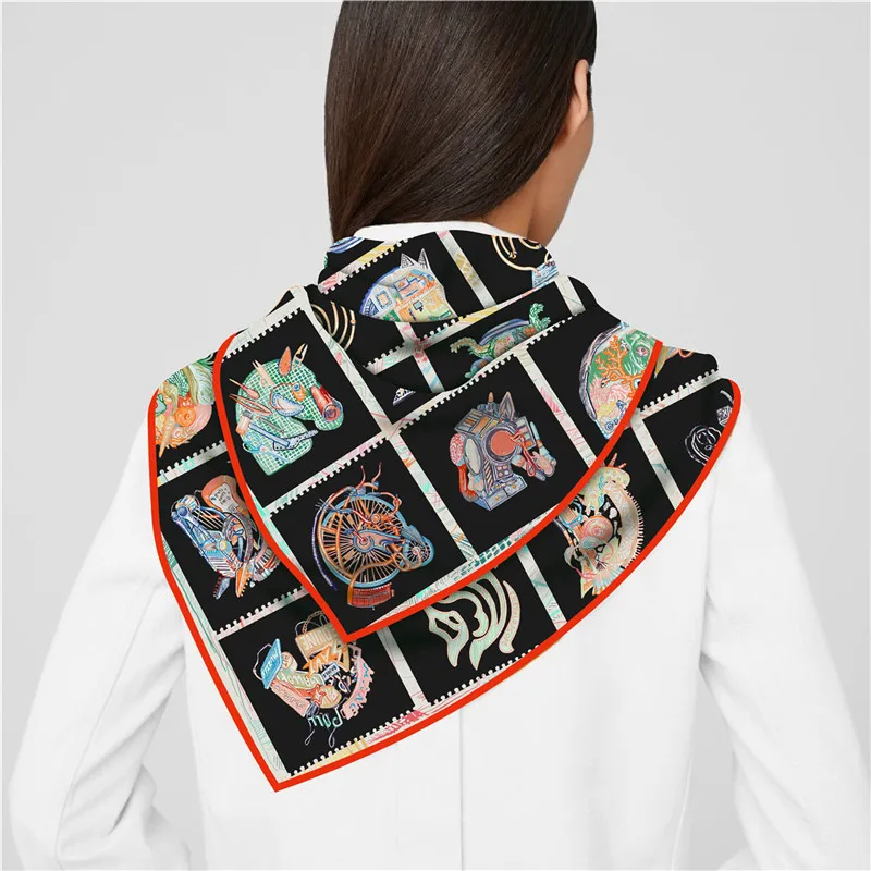 Silk Scarf Women Horse Head Print Square Scarves Head Echarpes Silk Foulards Femme Wraps Beach Shawl Bandana Lady Hijabs 90CM