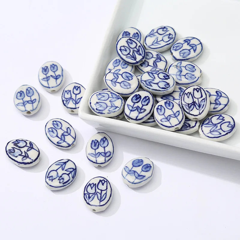 5pcs Hand Painted Flower Ceramic Beads 20X15X5mm Oval Shape Loose Spacer Porcelain Bead For Jewelry Making DIY Accessories