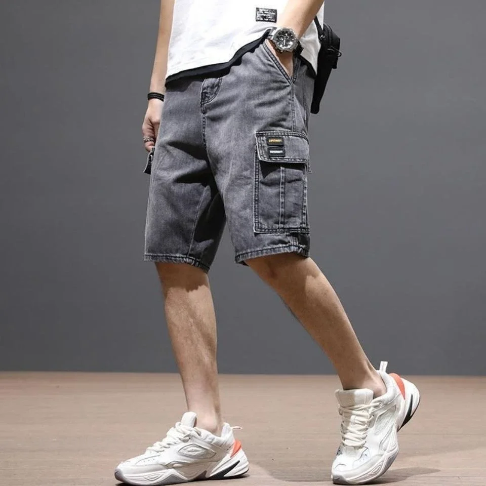 Men's Short Jeans Pants Cargo Big Size Oversize Male Denim Shorts with Pockets Y2k Fashion Xxxl Thin Blue Jorts Cut Streetwear