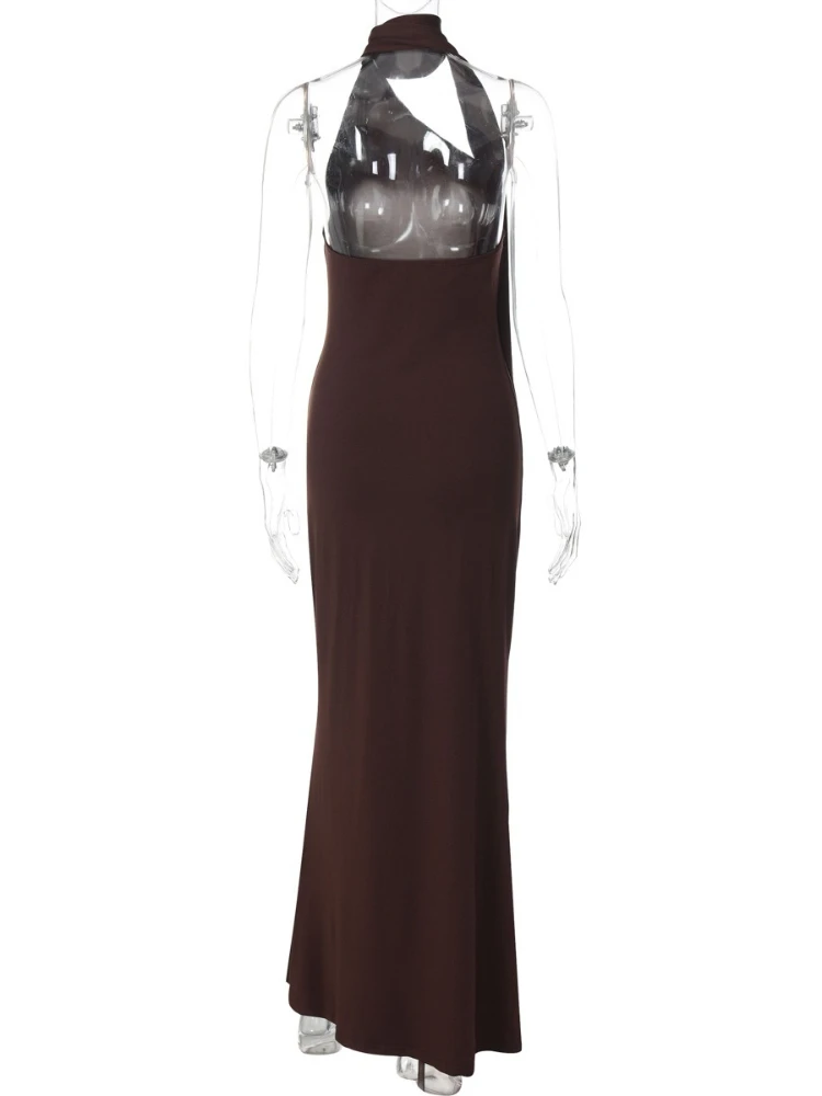 セクシーなワンショルダーマキシドレス、女性用エレガントなブラウンのホルターネック、ノースリーブ、バックレス、スリムなボディコンロングガウン、イブニングパーティーウェアに