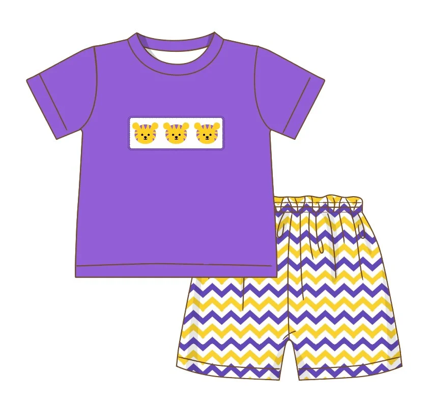 Boutique Baby New Cotton Short Sleeved Purple T-shirt Set Round Neck Lion Embroidery Boy Top Clothes And Yellow Wave Shorts Suit