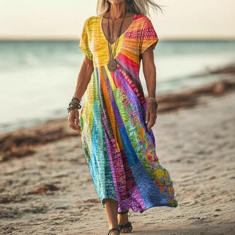 

Print Dress Women Bohemian Short Sleeve Dresses Casual Spliced V Neck Long Vestidos Patchwork Beach Elegant Summer Beach