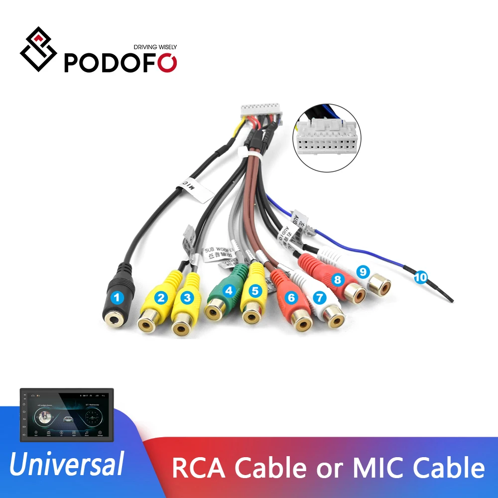 Podofo Android radio Car Accessories RCA Output Wire External microphone Adapter universal cable For 2 din Car Radio RCA Output