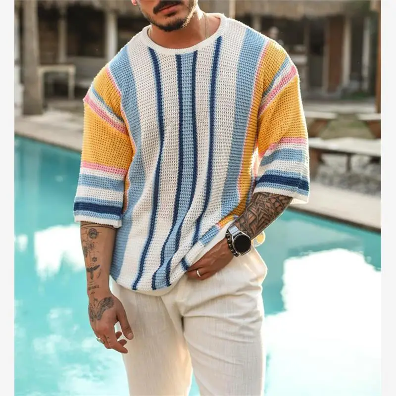 

Loose round Ne mid Sve Striped Knitwear Men's Large Size Faionable Urban Sle Casual Autumn Season Five-Quarter Sve