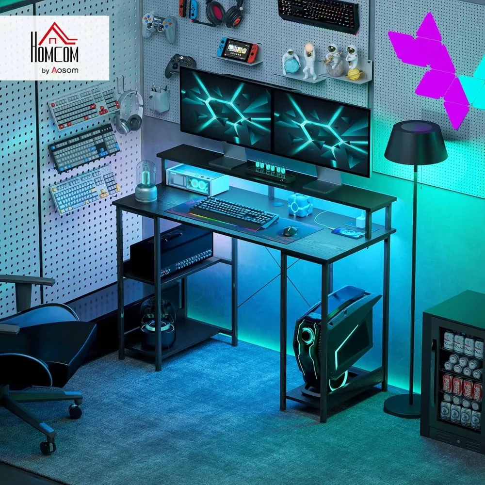

47 Gaming Desk with Power Outlets and LED Lights, Reversible Computer Desk with Monitor Stand and 2-Tier Storage Shelves,