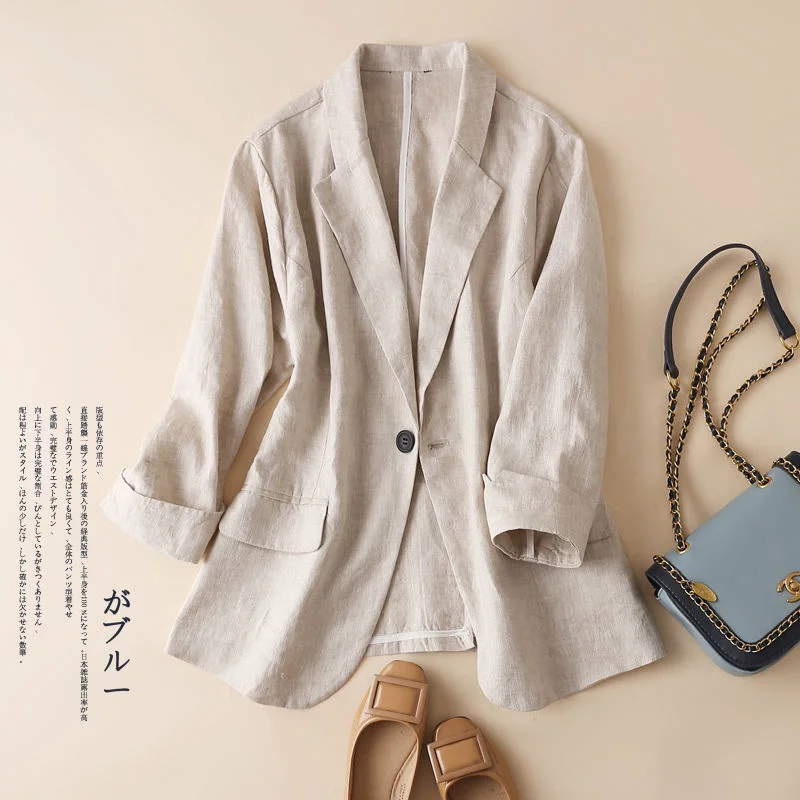 Cotton and Linen Small Suit Women Blazer 2022 Summer New Korean Fashion Thin Coat Three-quarter Sleeve Casual Blazers Jacket