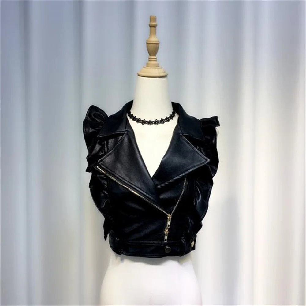 Women's Spring New Fashion Padded Jacket PU Leather Zippered Short black Vest