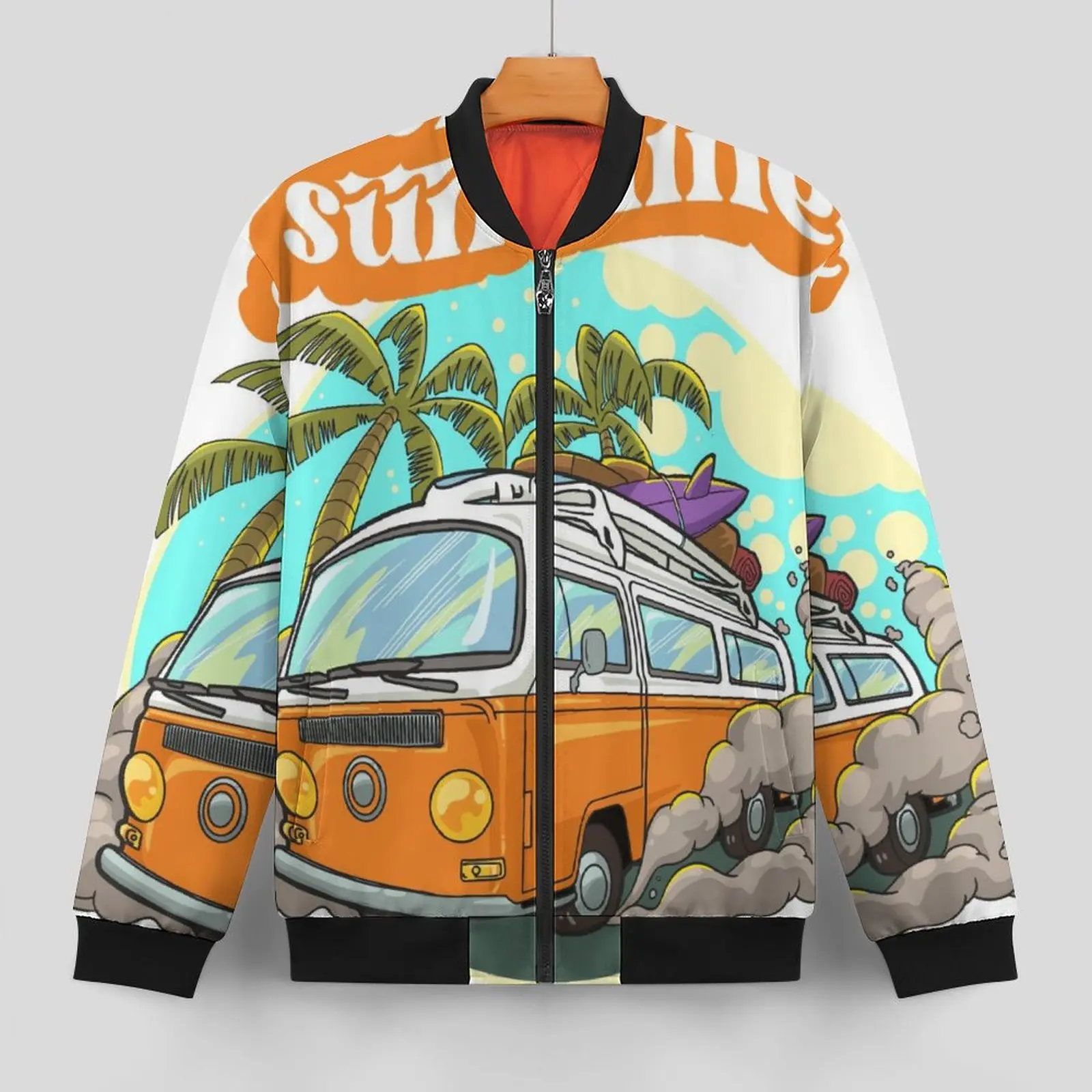 Palms Tree With Car Jackets Winter Hello Sunshine Aesthetic Casual Coats Man Windproof Loose Windbreakers Oversized Jacket