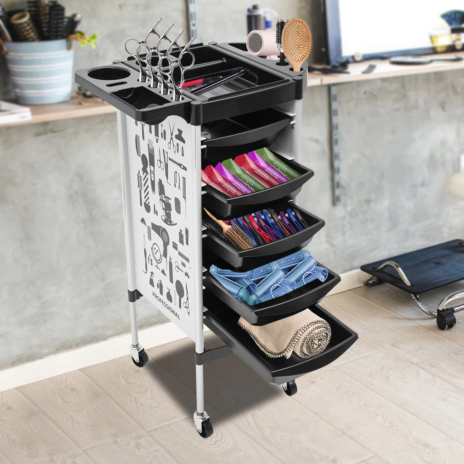 Carrello salvaspazio per salone di bellezza, carrello portaoggetti per parrucchiere, cassetti