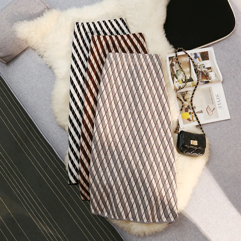 

Autumn Winter Vintage Plaid Knitted Women's Wrap Skirts 2023 New High Waist Knitwear Umbrella A-Line Skater Pencil Skirts Female