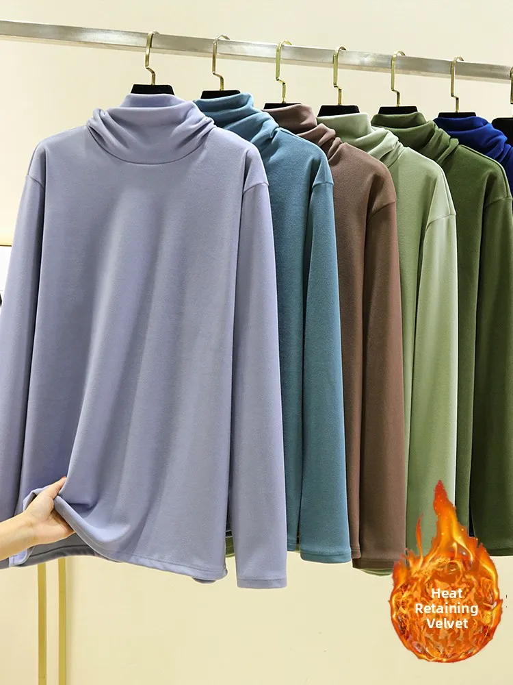 Men's Versatile Thickened High Collar Warm Long Sleeve T-Shirt Fleece Lined Loose Fit Slimming Base Layer Shirt