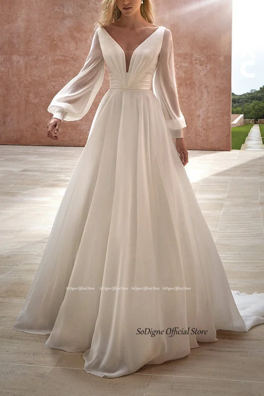 SoDigne-Robe de mariée simple en mousseline de soie, ligne A, col en V, manches longues, pour les patients, personnalisée, 2024