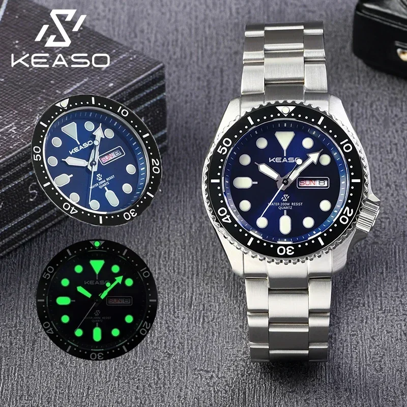 KEASO Luxury Men Quartz Diving Watch RONDA 2105 Quartz Movement 20ATM Waterproof Sapphire Glass Ceramic Bezel Men's Wrist watch