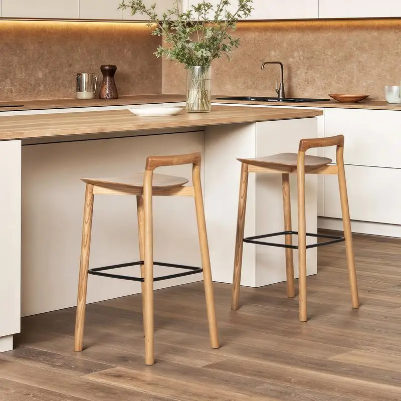 مقعد مرتفع حديث وبسيط منخفض الظهر، خشب رماد أشقر طبيعي، ارتفاع 30 بوصة