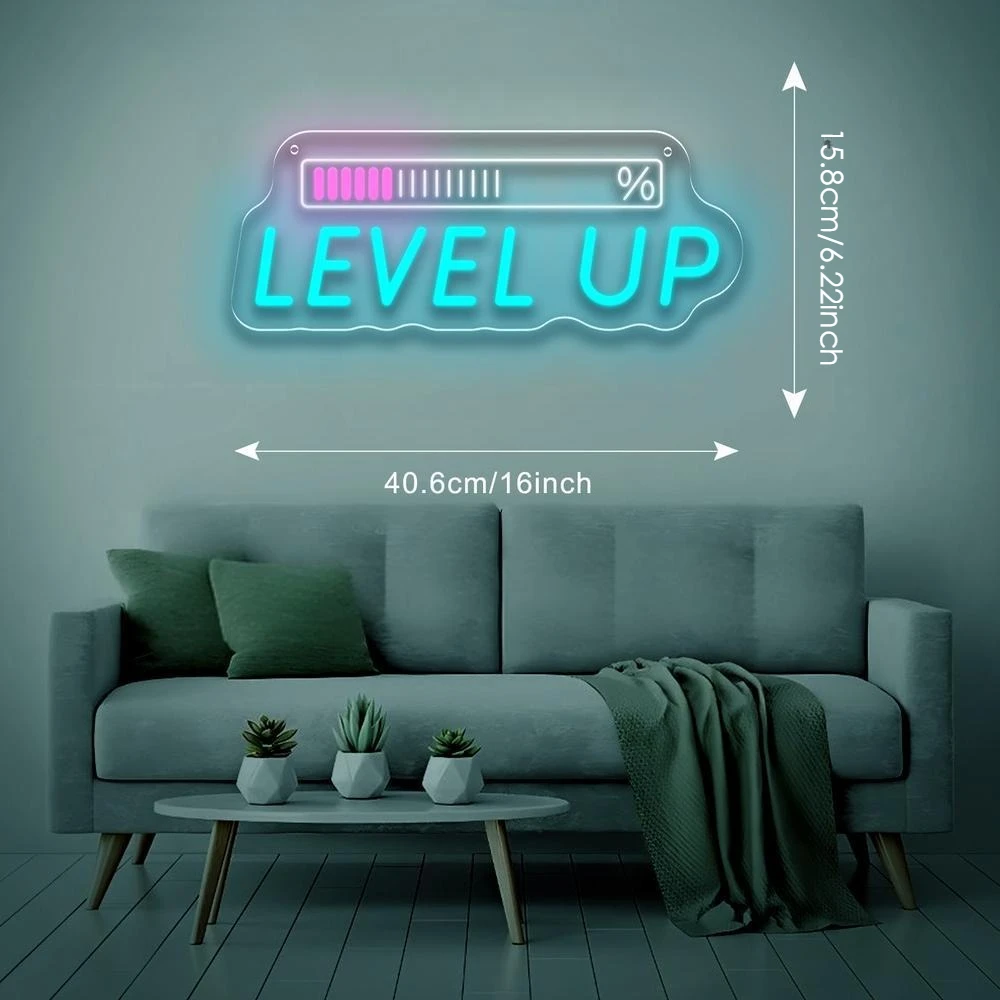 Level Up Neon Sign with Progress Bar LED Neon Light USB Dimmable for Gaming Room Party Club Motivational Wall Decor Gamers Gift