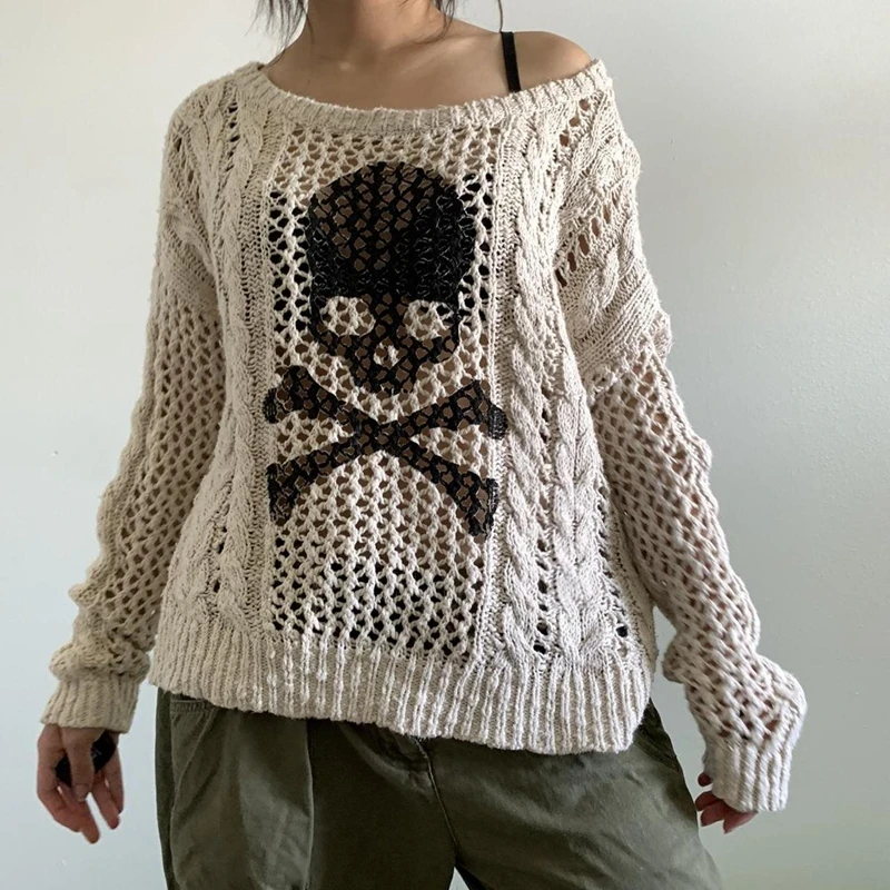 Harajuku Grunge Y2K Aesthetics Retro Jumpers Skeleton Print Hollow Out Knitted Sweater Autumn Full Sleeve Pullovers Korean