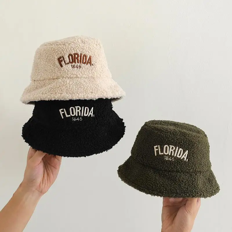 

Lucky Letter Plush Fisherman Hat For Children Ear Protection Basin Cap Winter Kids Lamb Fleece Bucket Hat Baby Warm Caps 3-5Year