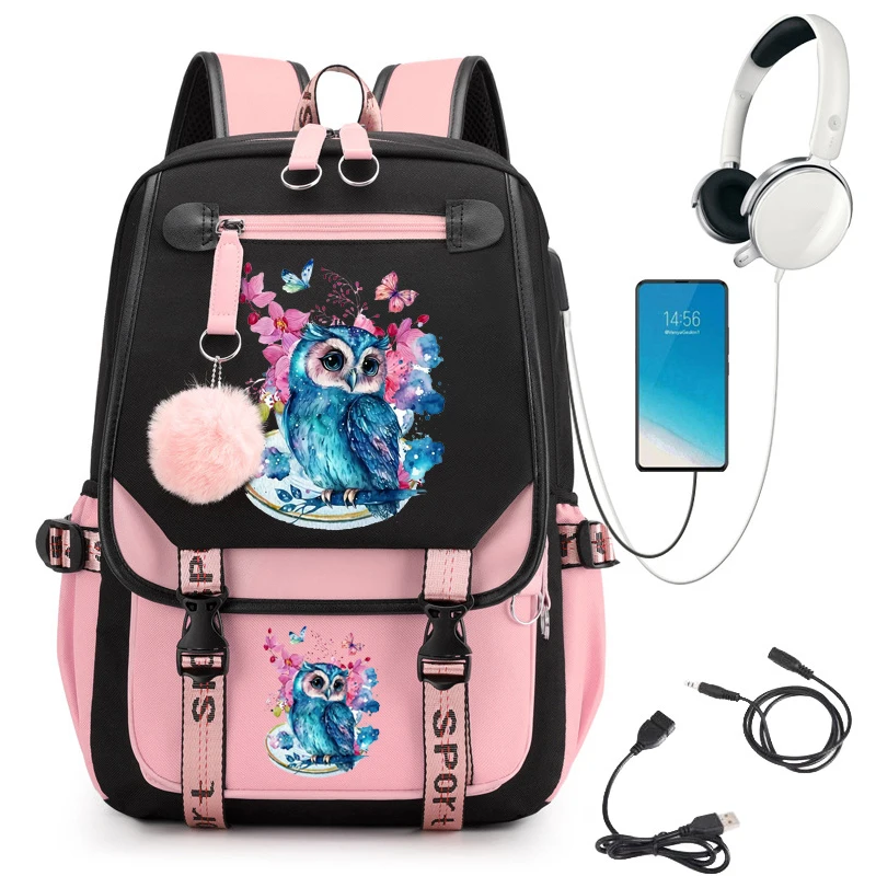 Watercolor Owl Flower Print School Backpack Bag Cute Cartoon School Bag for Student Teens Bookbag Anime Laptop Teenager Backpack