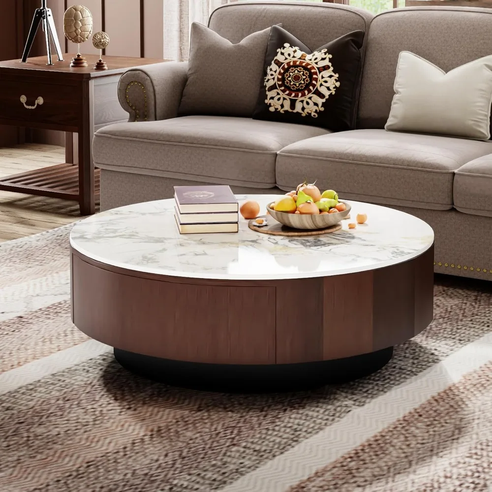 

Round Coffee Table with Storage, 35.4" Mid Century Modern Coffee Table for Living Room| No Assembly| with White Marble Top