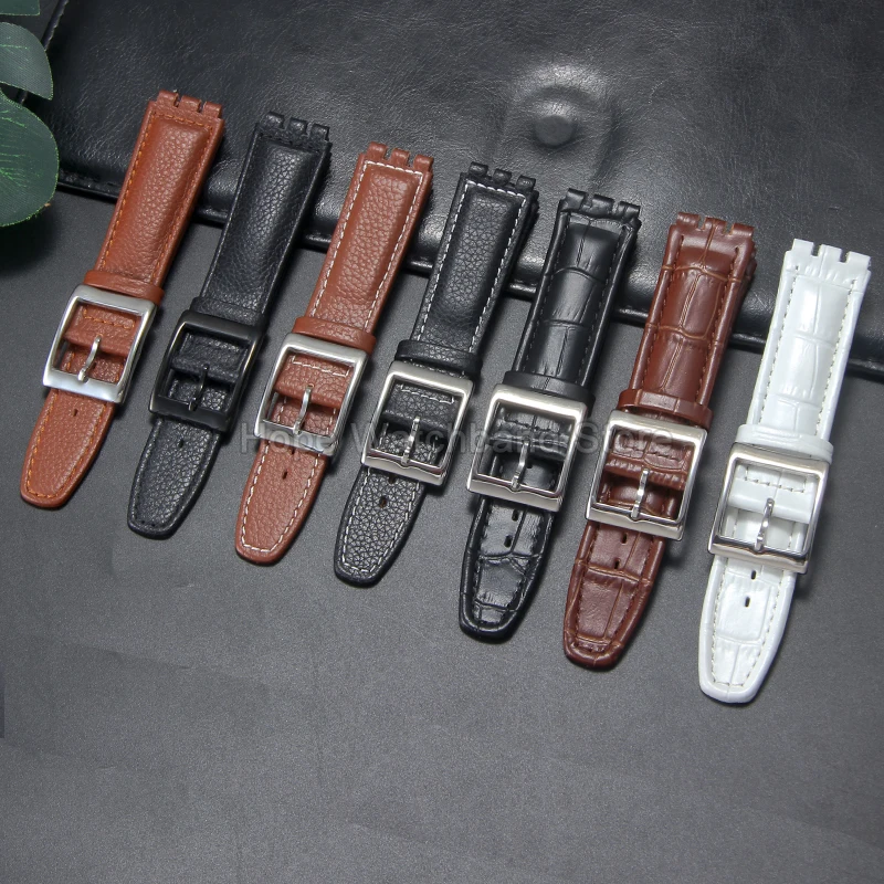 Correa de reloj de cuero genuino de primera calidad, marrón, negro, blanco, 17mm, 19mm, para Swatch SUOB704 GB274, pulsera resistente a los arañazos