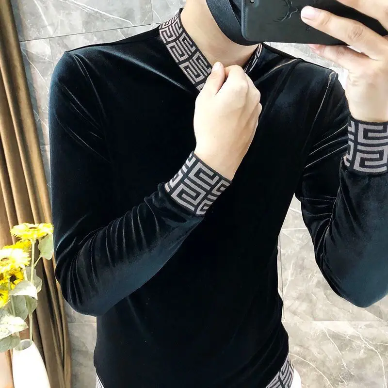 

Men's Double-sided Fleece Long-sleeved Sweater Slim-fit Gold Velvet Trendy Base Shirt Autumn and Winter Half-high Collar Sweater