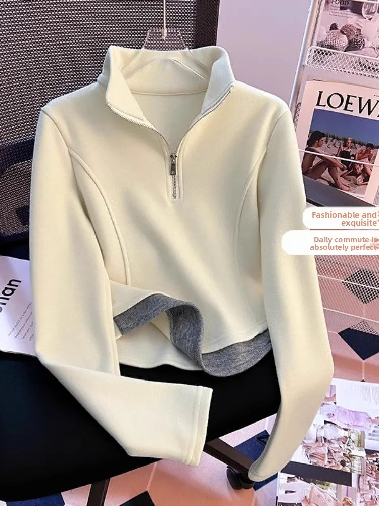 

Женский комплект из двух предметов больших размеров: свитшот с воротником-стойкой и молнией, в американском ретро-стиле, для ношения под одеждой, базовый топ