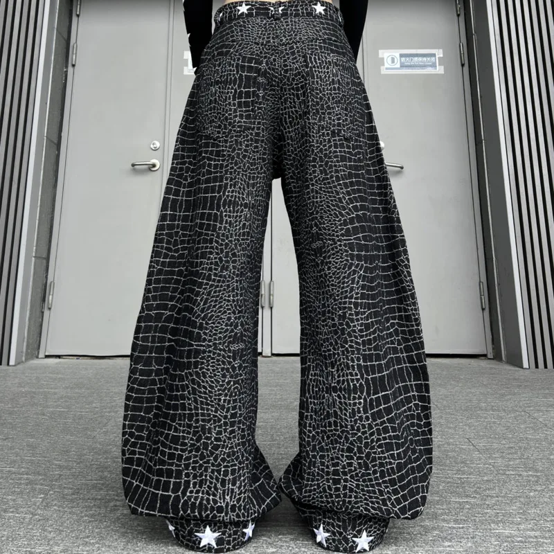 ANJY Spring Autumn New Women American Style Cracked Print Embroidery Hip-Hop Jeans Trendy Ins Casual Wide Leg Denim Pants A22472
