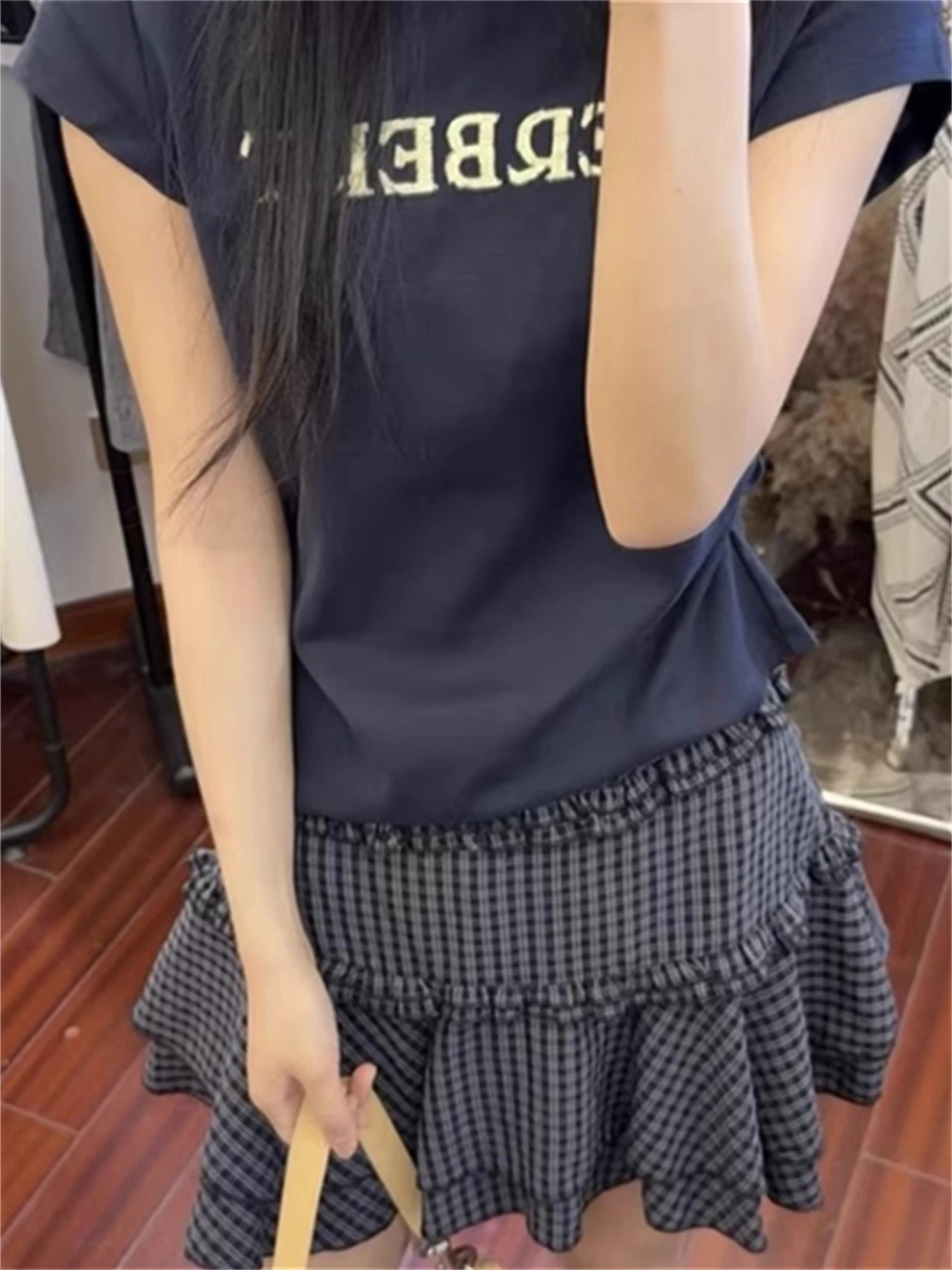 

Юбка-трапеция с высокой талией, клетчатым дизайном и кружевной отделкой, корейские юбки-длины для женщин, весна-лето 20л.