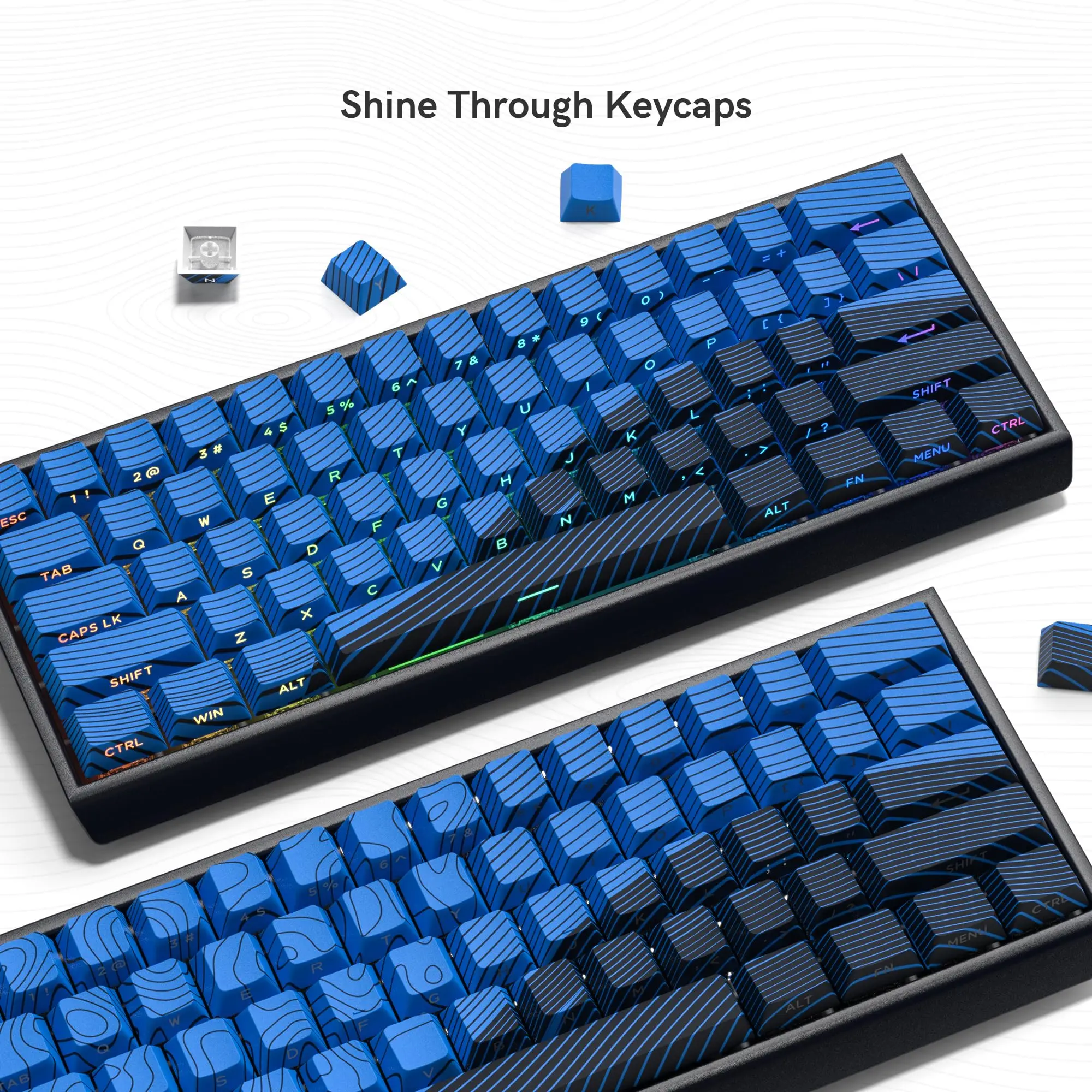 132 Keys Blue Black Topographic Side Printed RGB Backlit Keycaps 5 Side Dye Sub Cherry Profile Keycaps for MX Switches Keyboard