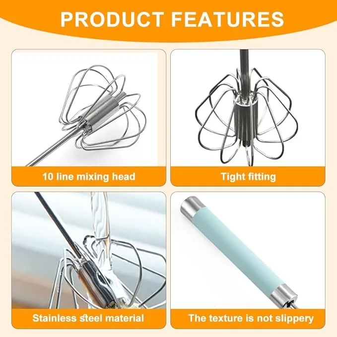 11 Inch Semi-Automatic Hand Push Rotary Whisk, Stainless Steel Egg Beater Mixer Stirrer, Manual Rotary Whisk Tool for Whipping Cream, Egg Beating and Kitchen Stirring view 5