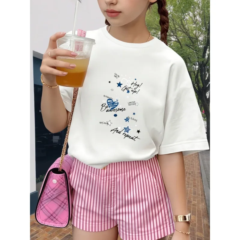 Y2K Sweet Pink Girls Tee Graffiti Letter Star Heart Pattern Loose O-neck Kids Summer Cotton Short Sleeve T-shirt