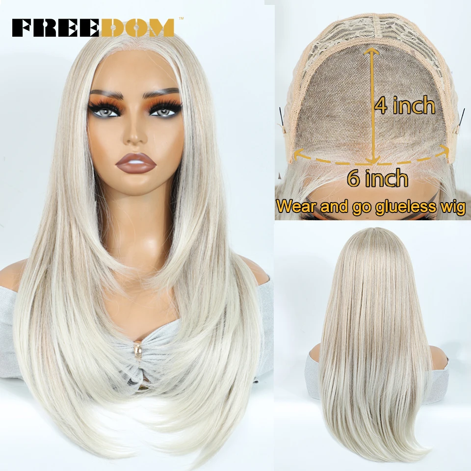 FREEDOM Synthetic Lace Front Wigs For Woman Long Layered Straight Wigs Ombre 6x4 Pre Plucked Pre Cut Wear and Go Glueless Wig