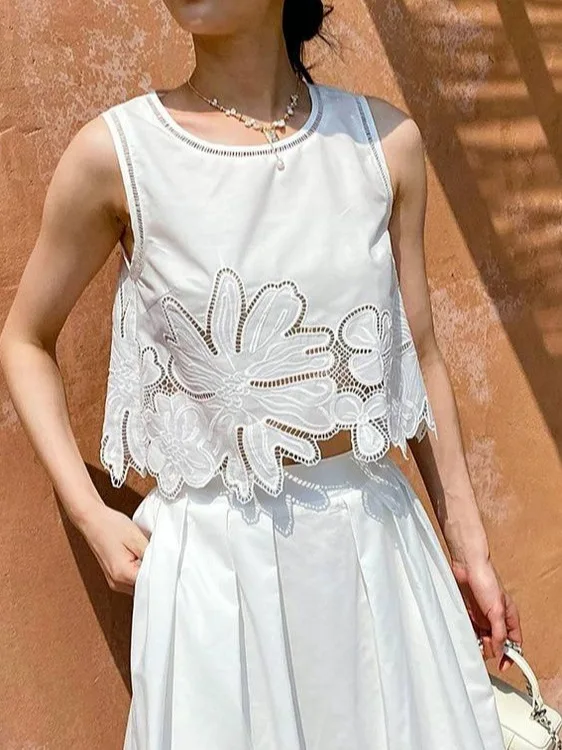 Summer 2025 Faion Embroidered Hollow out round Ne Svel Vest High Waist Elastic Waist f Skirt Women's Set image 4