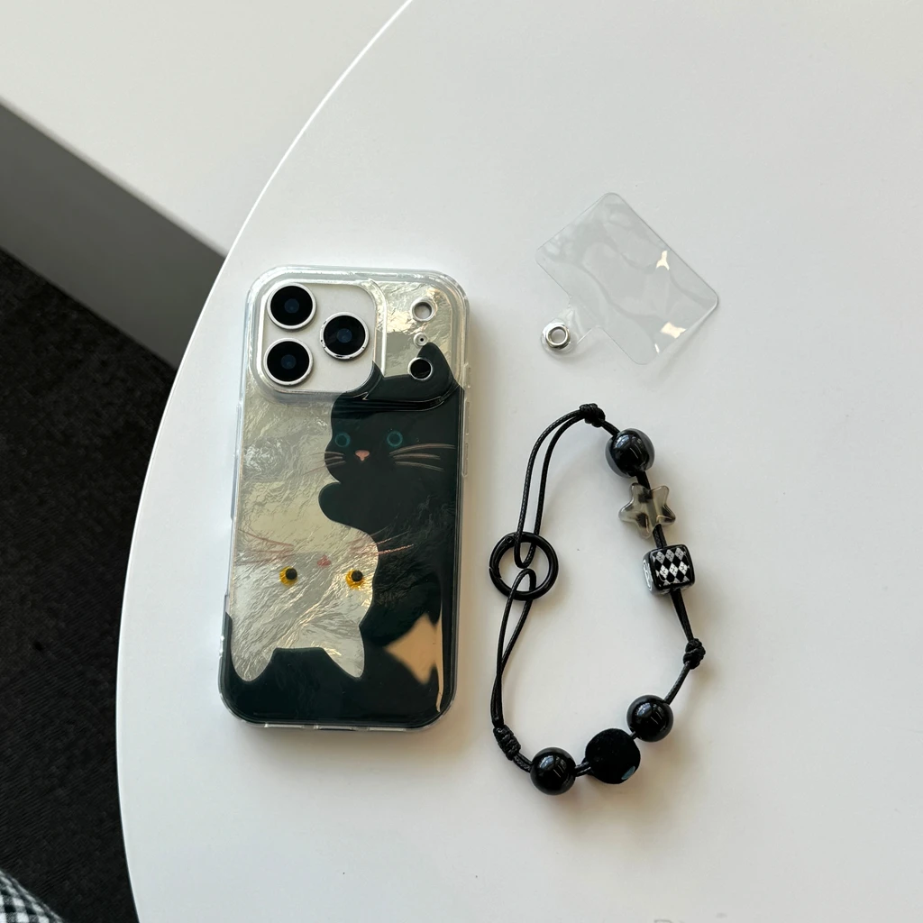 Cartoon Cute Black White Cats Wrinkled Texture With Lanyard Shock Proof Phone Cover Case for iPhone 17 16 15 14 13 Pro Max
