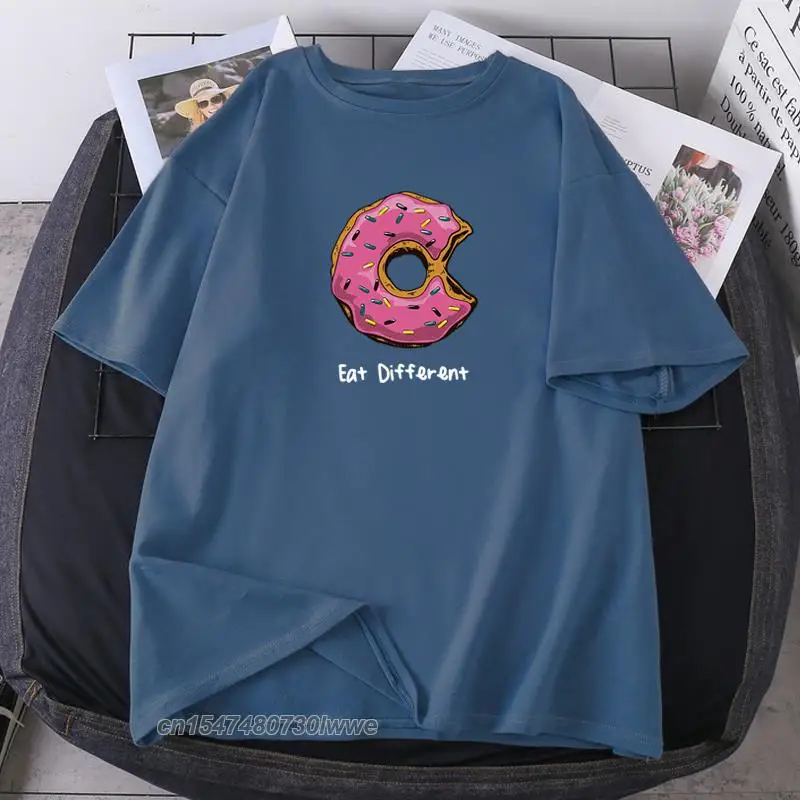 

Oversize 100% Cotton Tops 2022 New O-Neck Donuts Eat Different Woman Man T-Shirts Fashion Lady Clothing High Quality Tees