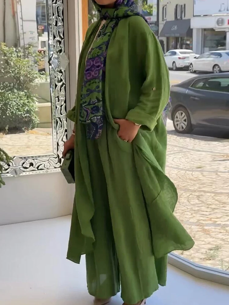 2 Piece Long Sleeve Maxi Shirts+Wide Leg Pants Eid Muslim Women Elegant Sets Abaya Dubai Turkey Islamic Casual Tops Solid Outfit