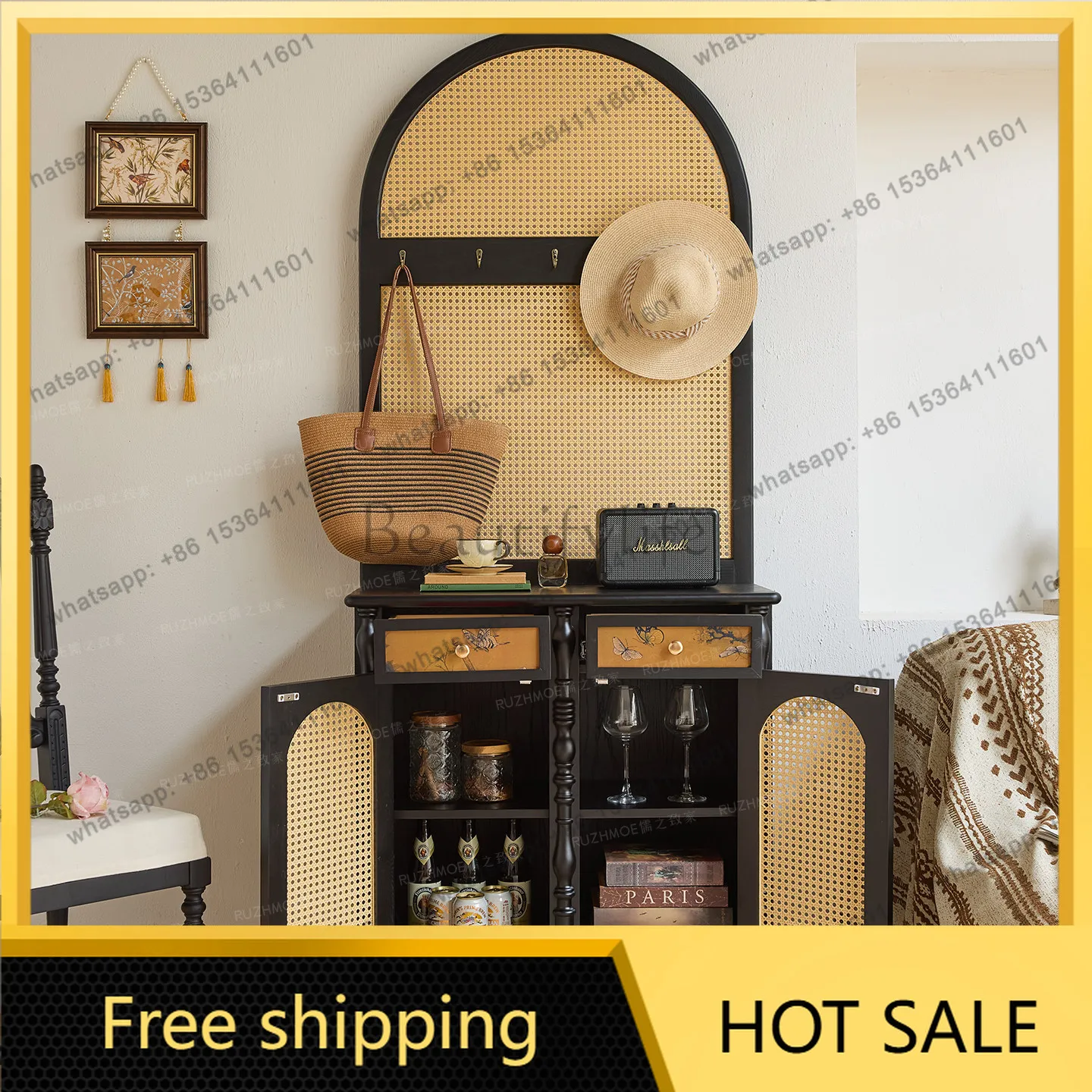 LD solid wood rattan entrance cabinet antique partition rattan against the wall screen