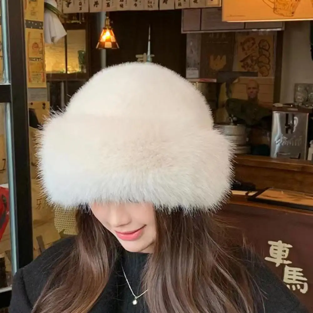 Big Fluffy Faux Fur Bucket Hat for Women Luxury Plush Fisherman Hat Warm Winter Hat Thicken Cold Snowy Day Panama Cap